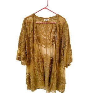 Umgee USA Yellow Boho Lace Sheer Tie Front Cardigan Kimono Duster Western Womens